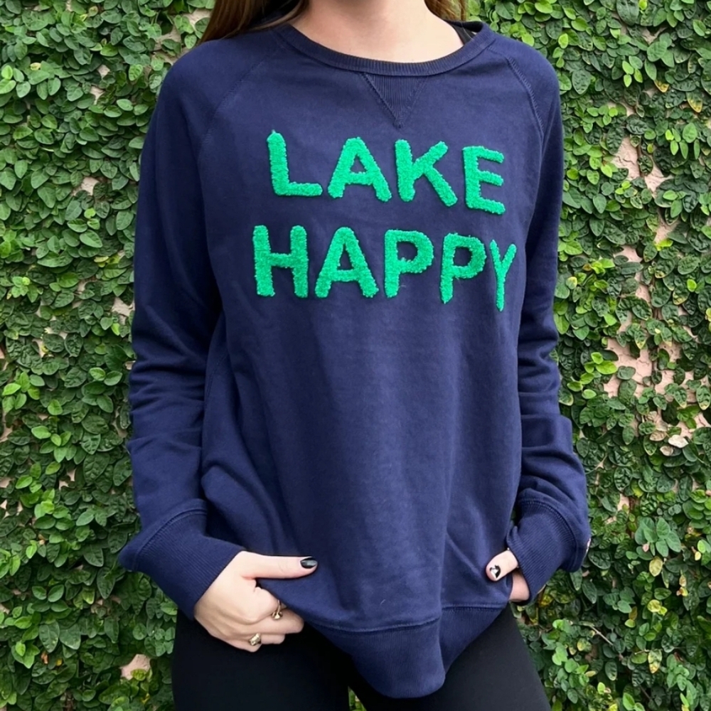 LAKE HAPPY Navy Blue Crewneck Sweatshirt Green Chenille Lettering SMALL